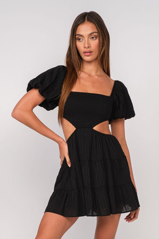 Sky To Moon Puff Sleeve Cutout Dress - Tonal Stripe Black – Ten North